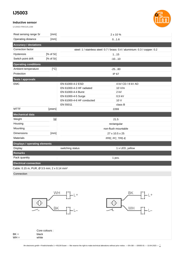 IJ5003 \ Inductive sensor \ Range 2 mm \ PNP/NPN NO/NC \ 27 x 10.5 x 25 mm \ Cable PUR 0.15 m datasheet