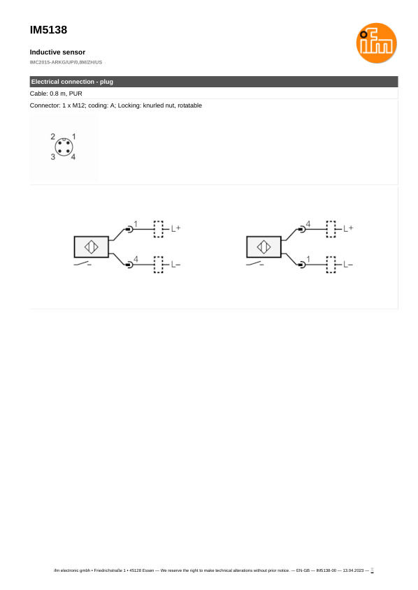 IM5138 \ Inductive sensor \ Range 15 mm \ PNP/NPN NO \ 40 x 40 x 54 mm \ Cable PUR 0.8 m+Connector M12 datasheet