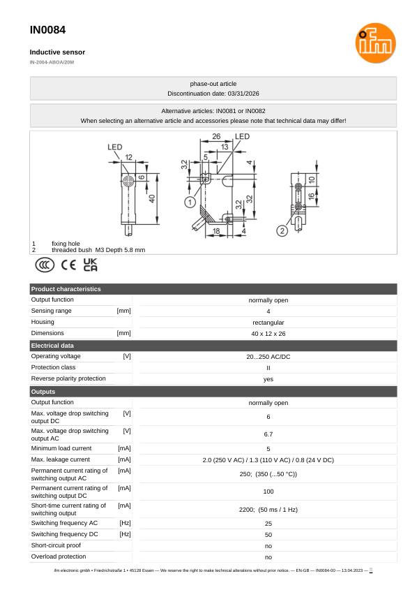 IN0084 \ Inductive sensor \ Range 4 mm \ AC/DC NO \ 40 x 12 x 26 mm \ Cable PVC 20 m datasheet