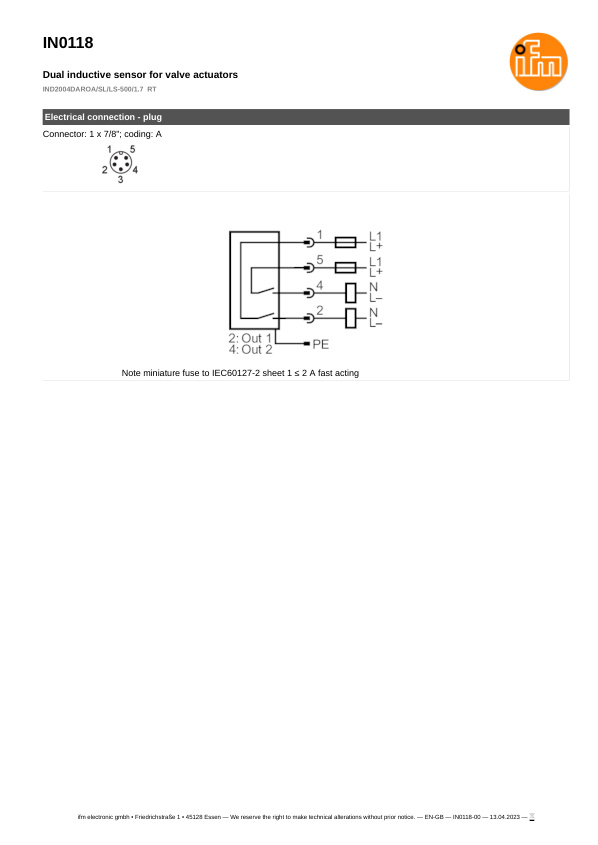IN0118 \ Inductive sensor \ Range 4 mm \ AC/DC 2xNO \ 26 x 40 x 49 mm \ Connector 7/8" datasheet
