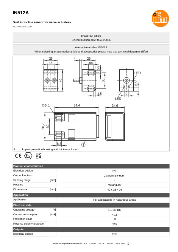 IN512A \ Inductive sensor \ Range 4 mm \ PNP 2xNO \ 40 x 26 x 26 mm \ Cable PVC 2 m datasheet