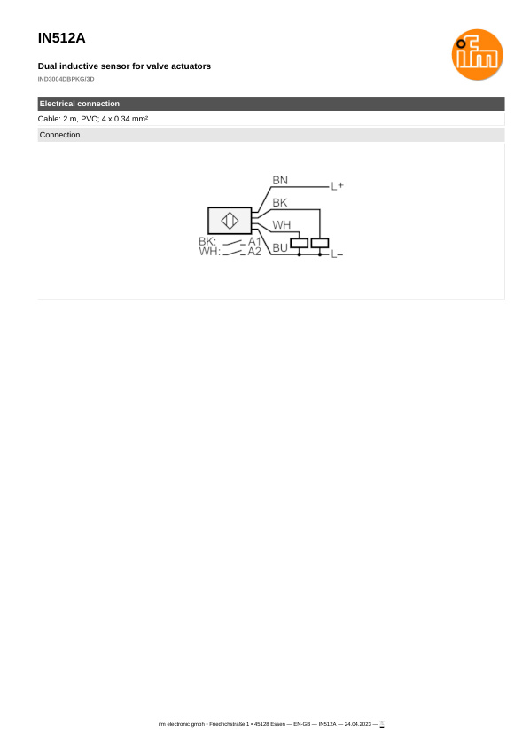 IN512A \ Inductive sensor \ Range 4 mm \ PNP 2xNO \ 40 x 26 x 26 mm \ Cable PVC 2 m datasheet