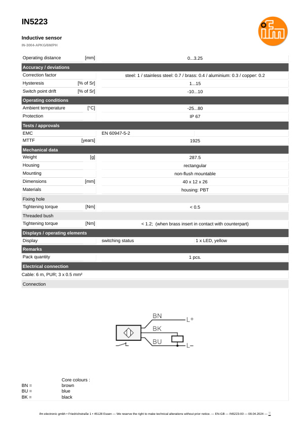 IN5223 \ Inductive sensor \ Range 4 mm \ PNP NC \ 40 x 12 x 26 mm \ Cable PUR 6m datasheet