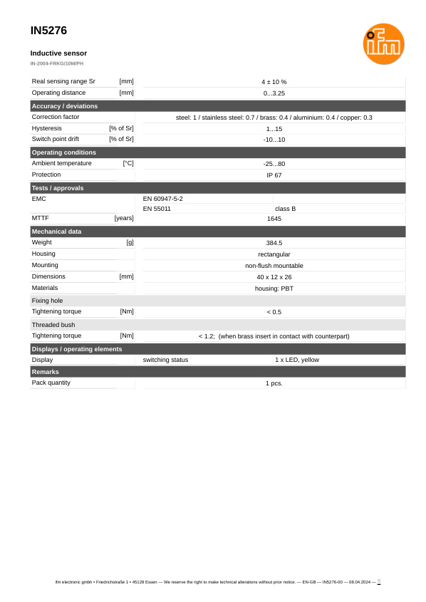 IN5276 \ Inductive sensor \ Range 4 mm \ PNP/NPN NO/NC \ 40 x 12 x 26 mm \ Cable PUR 10m datasheet