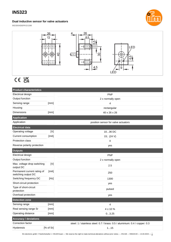 IN5326 \ Inductive sensor \ Range 4 mm \ PNP/NPN NO/NC \ 40 x 12 x 26 mm \ Cable PUR 0.53 m datasheet