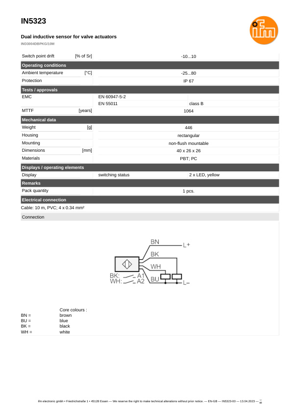IN5326 \ Inductive sensor \ Range 4 mm \ PNP/NPN NO/NC \ 40 x 12 x 26 mm \ Cable PUR 0.53 m datasheet