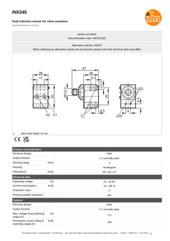 IN5345 \ Inductive sensor \ Range 4 mm \ PNP 2xNO \ 26 x 40 x 47 mm \ Connector M12 datasheet