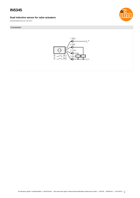 IN5345 \ Inductive sensor \ Range 4 mm \ PNP 2xNO \ 26 x 40 x 47 mm \ Connector M12 datasheet