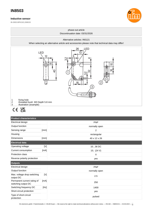 IN8503 \ Inductive sensor \ Range 2 mm \ PNP NO \ 40 x 12 x 26 mm \ Cable PVC 0.15 m+Connector AMP-Superseal datasheet