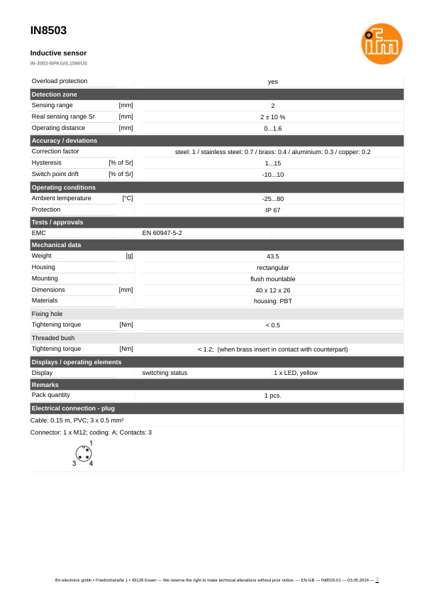 IN8503 \ Inductive sensor \ Range 2 mm \ PNP NO \ 40 x 12 x 26 mm \ Cable PVC 0.15 m+Connector AMP-Superseal datasheet