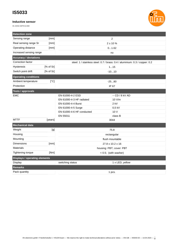 IS5033 \ Inductive sensor \ Range 2 mm \ PNP NO \ 27.8 x 10.2 x 16 mm \ Cable PVC 4 m datasheet