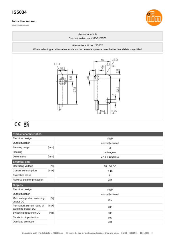 IS5034 \ Inductive sensor \ Range 2 mm \ PNP NC \ 27.8 x 10.2 x 16 mm \ Cable PVC 4 m datasheet