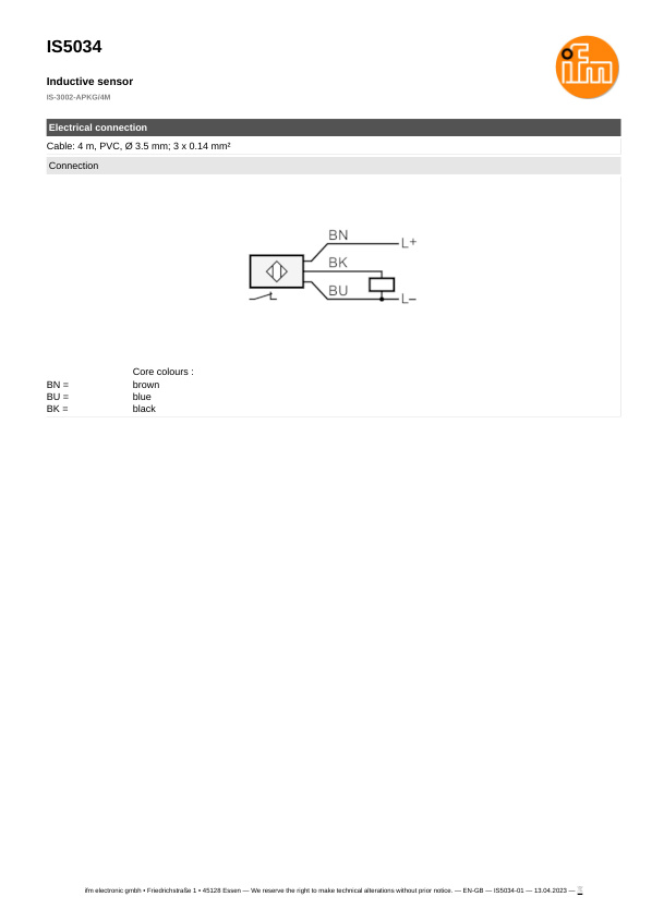 IS5034 \ Inductive sensor \ Range 2 mm \ PNP NC \ 27.8 x 10.2 x 16 mm \ Cable PVC 4 m datasheet