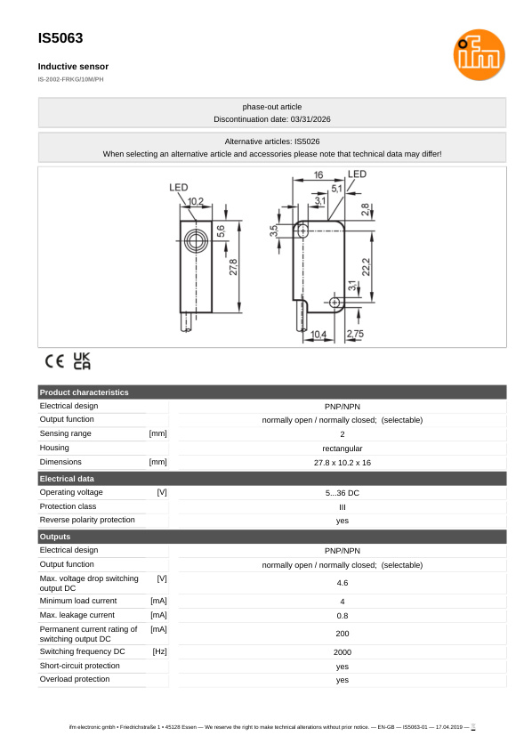 IS5063 \ Inductive sensor \ Range 2 mm \ PNP/NPN NO/NC \ 27.8 x 10.2 x 16 mm \ Cable PUR 10 m datasheet