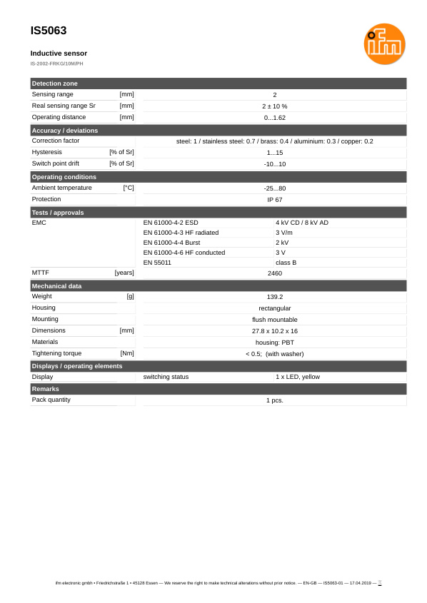 IS5063 \ Inductive sensor \ Range 2 mm \ PNP/NPN NO/NC \ 27.8 x 10.2 x 16 mm \ Cable PUR 10 m datasheet