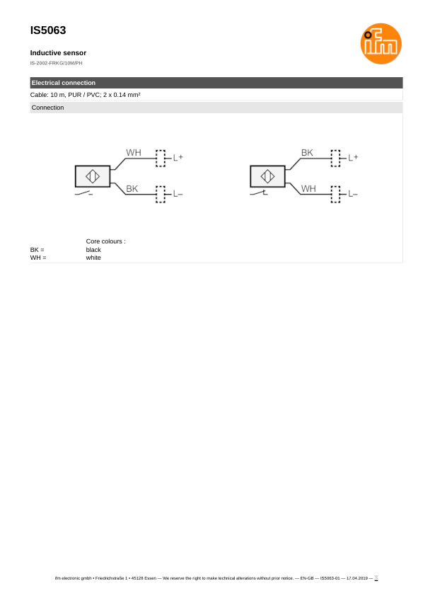 IS5063 \ Inductive sensor \ Range 2 mm \ PNP/NPN NO/NC \ 27.8 x 10.2 x 16 mm \ Cable PUR 10 m datasheet