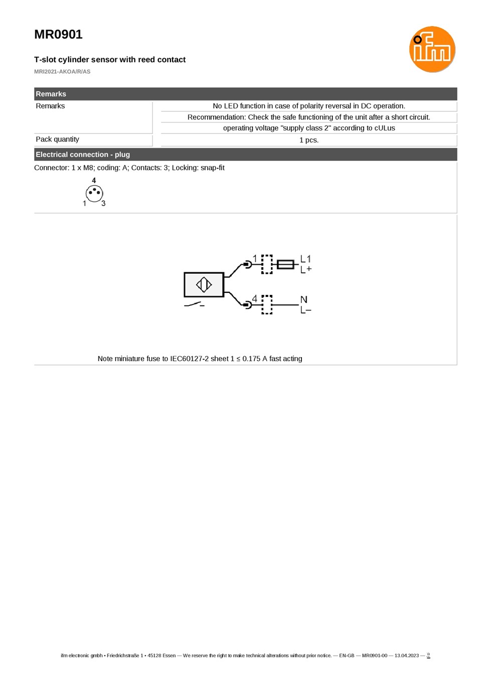 MR0901 \ Cylinder sensors \ PNP/NPN \ NO \ 27.5 x 18 x 15.5 mm\M8 Connector datasheet