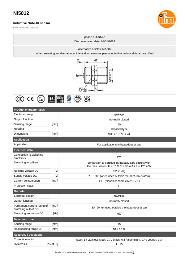 NI5012 \ Inductive sensor \ Range 10 mm \ NAMUR NC \ M30 \ Cable PVC 10m datasheet