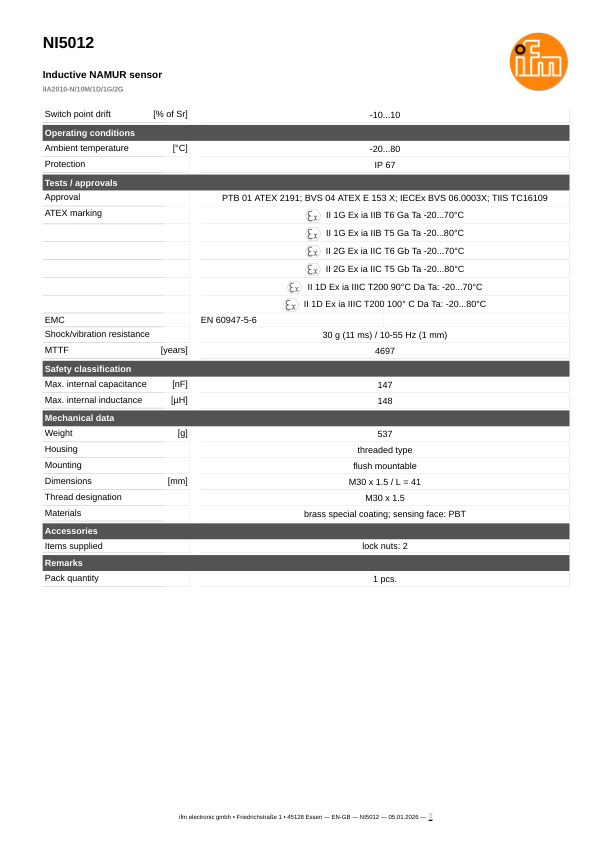 NI5012 \ Inductive sensor \ Range 10 mm \ NAMUR NC \ M30 \ Cable PVC 10m datasheet