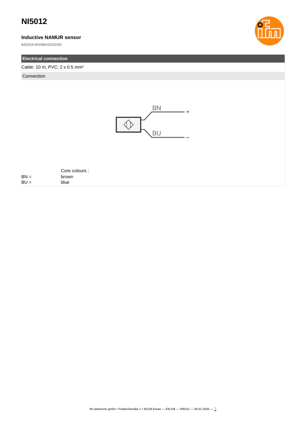 NI5012 \ Inductive sensor \ Range 10 mm \ NAMUR NC \ M30 \ Cable PVC 10m datasheet