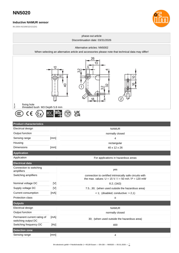 NN5020 \ Inductive sensor \ Range 4 mm \ NAMUR NC \ 40 x 12 x 26 mm \ Cable PVC 10 m datasheet