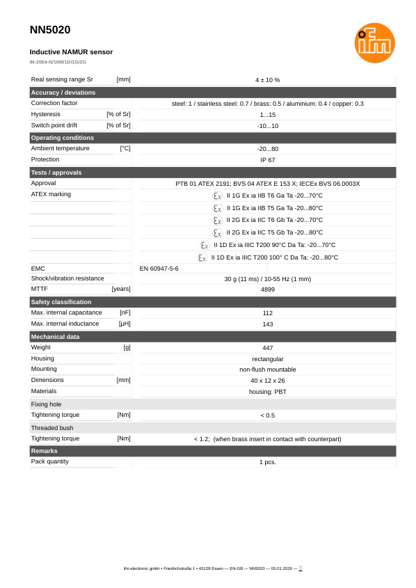 NN5020 \ Inductive sensor \ Range 4 mm \ NAMUR NC \ 40 x 12 x 26 mm \ Cable PVC 10 m datasheet