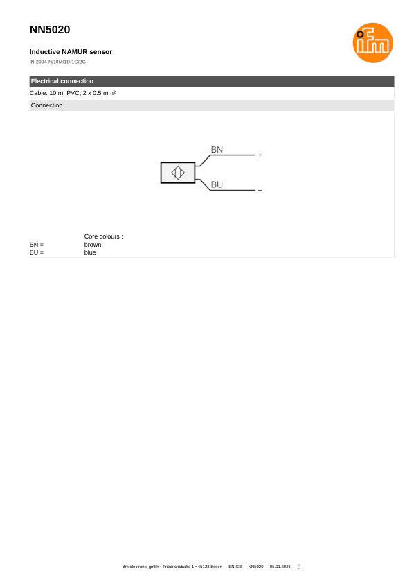 NN5020 \ Inductive sensor \ Range 4 mm \ NAMUR NC \ 40 x 12 x 26 mm \ Cable PVC 10 m datasheet