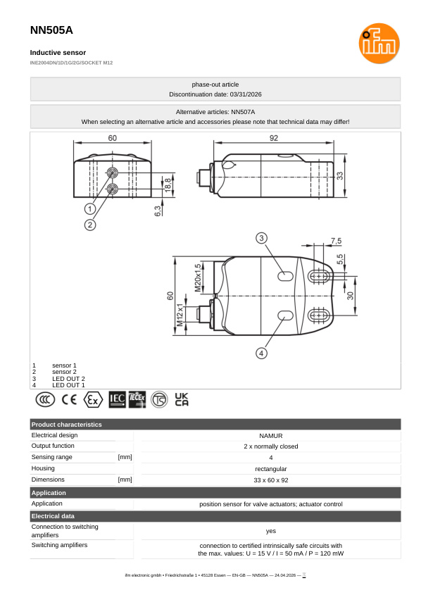 NN505A \ Inductive sensor \ Range 4 mm \ NAMUR 2 xNC \ 33 x 60 x 92 mm \ Connector M12 datasheet