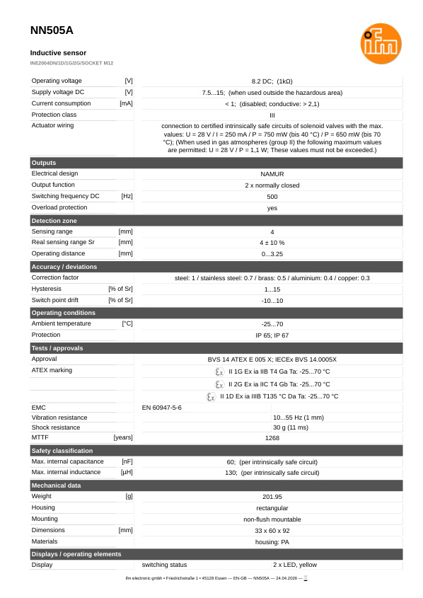 NN505A \ Inductive sensor \ Range 4 mm \ NAMUR 2 xNC \ 33 x 60 x 92 mm \ Connector M12 datasheet