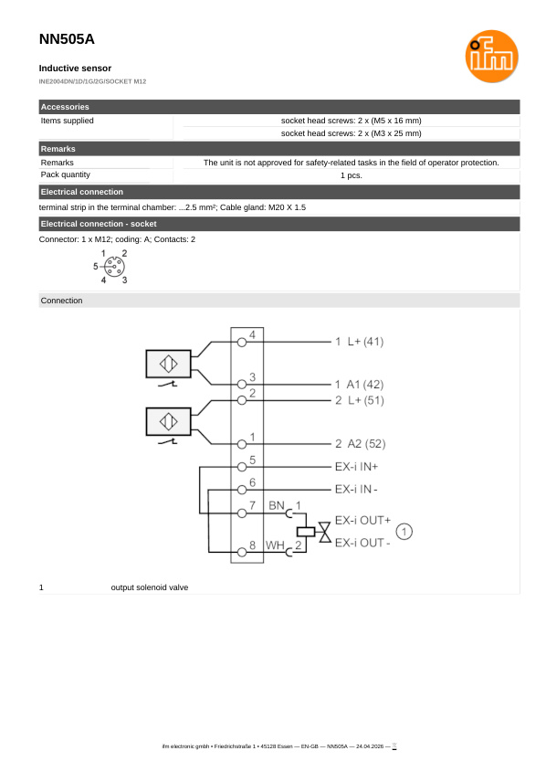 NN505A \ Inductive sensor \ Range 4 mm \ NAMUR 2 xNC \ 33 x 60 x 92 mm \ Connector M12 datasheet