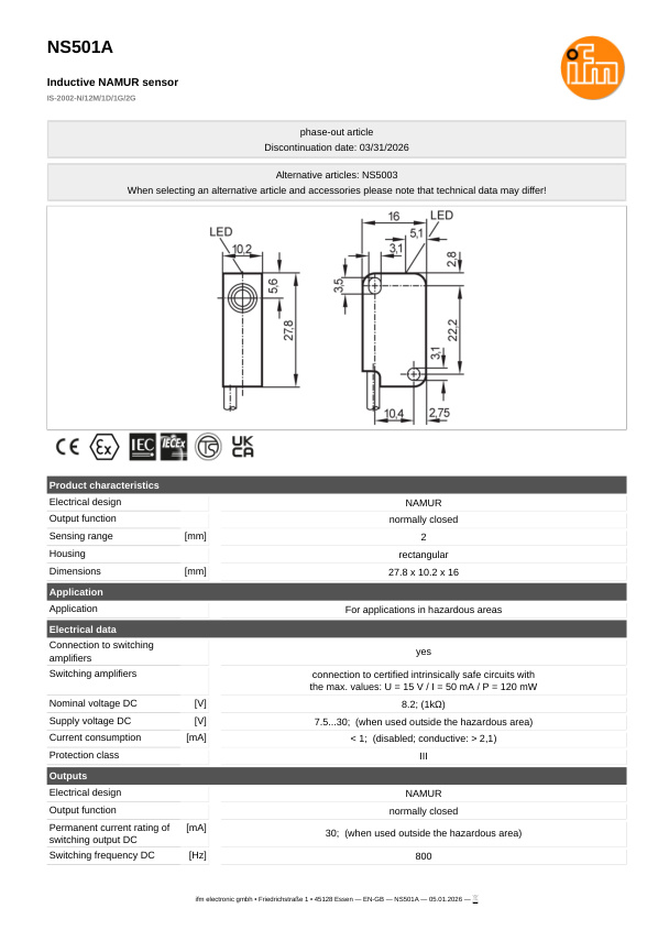 NS501A \ Inductive sensor \ Range 2 mm \ NAMUR NC \ 27.8 x 10.2 x 16 mm \ Cable PVC 12 m datasheet