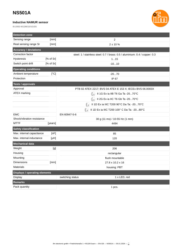 NS501A \ Inductive sensor \ Range 2 mm \ NAMUR NC \ 27.8 x 10.2 x 16 mm \ Cable PVC 12 m datasheet