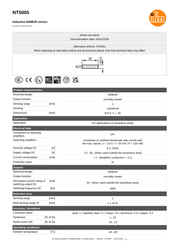 NT5005 \ Inductive sensor \ Range 1 mm \ NAMUR NC \ Ø 6.5 \ Cable PVC 6 m datasheet