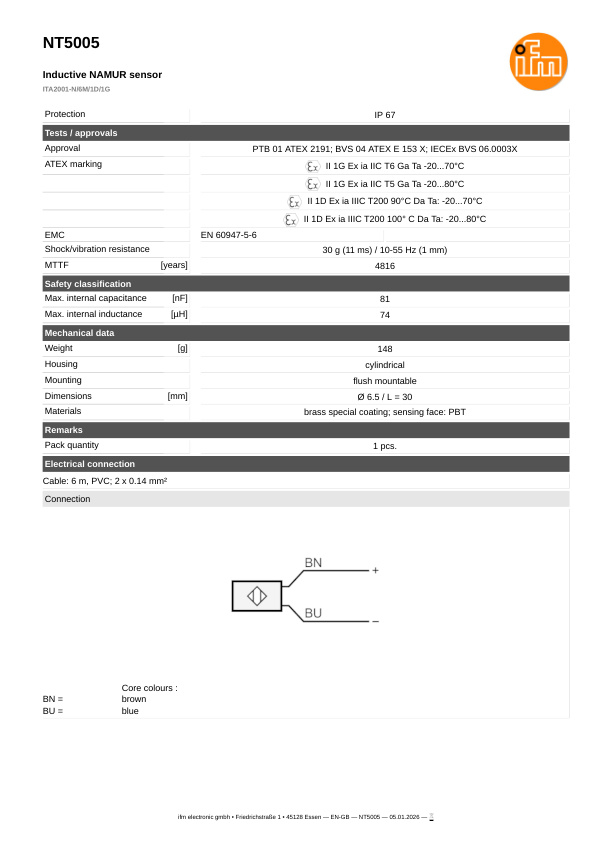 NT5005 \ Inductive sensor \ Range 1 mm \ NAMUR NC \ Ø 6.5 \ Cable PVC 6 m datasheet