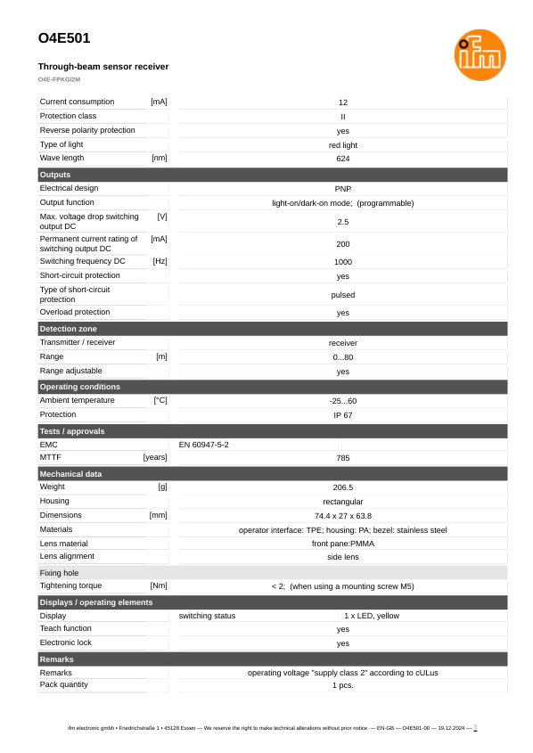 O4E501 \ efector 200 \ Photoelectric sensors \ O4E-FPKG/2M \ DE \ datasheet