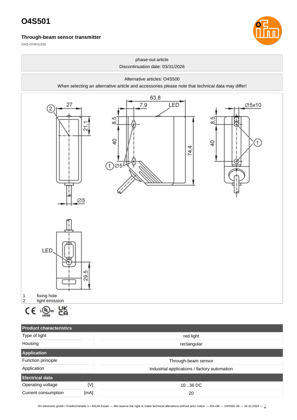 O4S501 \ efector 200 \ Photoelectric sensors \ O4S-OOKG/2M \ DE \ datasheet