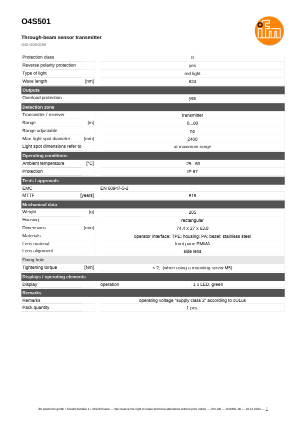 O4S501 \ efector 200 \ Photoelectric sensors \ O4S-OOKG/2M \ DE \ datasheet