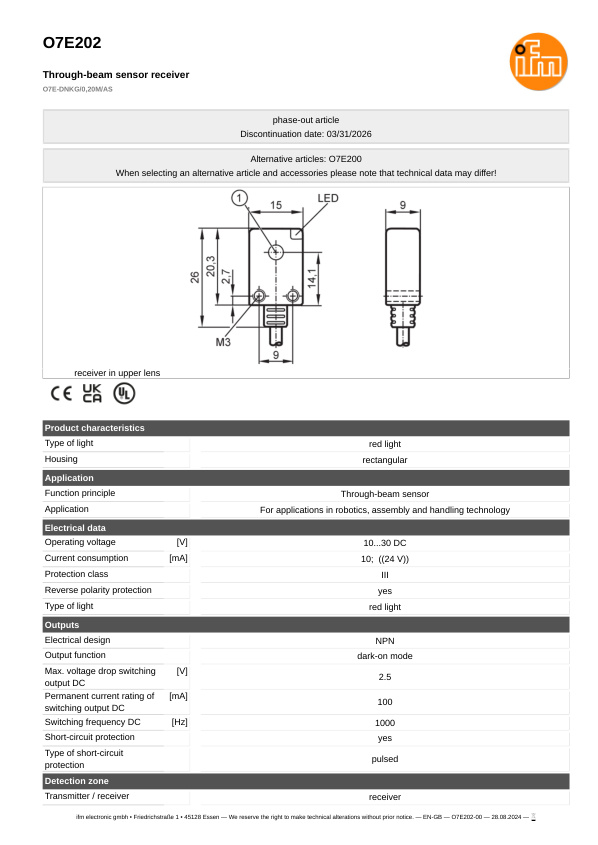 O7E202 \ efector 200 \ Photoelectric sensors \ O7E-DNKG/0,20M/AS \ SG \ datasheet