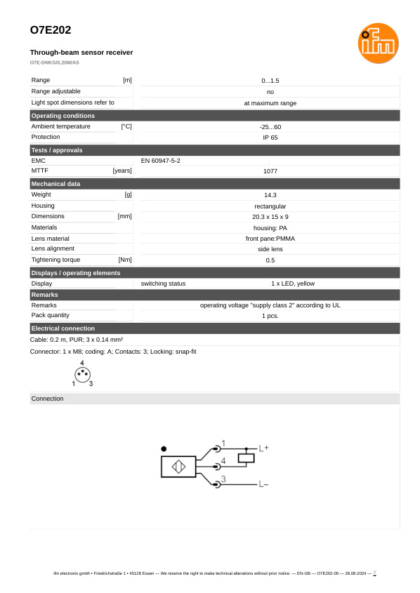 O7E202 \ efector 200 \ Photoelectric sensors \ O7E-DNKG/0,20M/AS \ SG \ datasheet