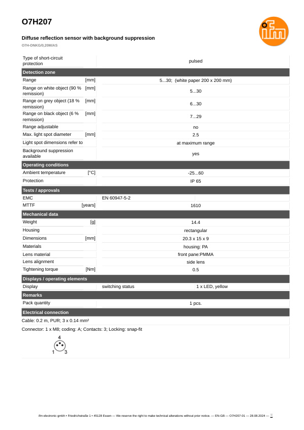 O7H207 \ efector 200 \ Photoelectric sensors \ O7H-DNKG/0,20M/AS \ SG \ datasheet