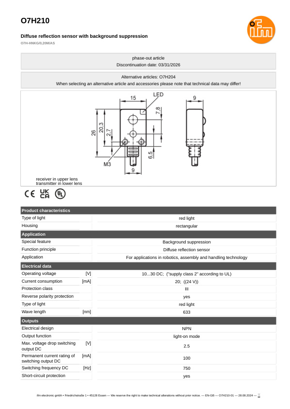 O7H210 \ efector 200 \ Photoelectric sensors \ O7H-HNKG/0,20M/AS \ SG \ datasheet