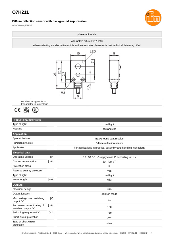O7H211 \ efector 200 \ Photoelectric sensors \ O7H-DNKG/0,20M/AS \ SG \ datasheet