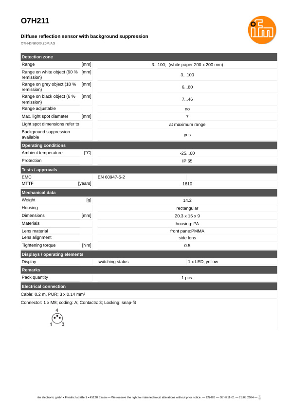 O7H211 \ efector 200 \ Photoelectric sensors \ O7H-DNKG/0,20M/AS \ SG \ datasheet