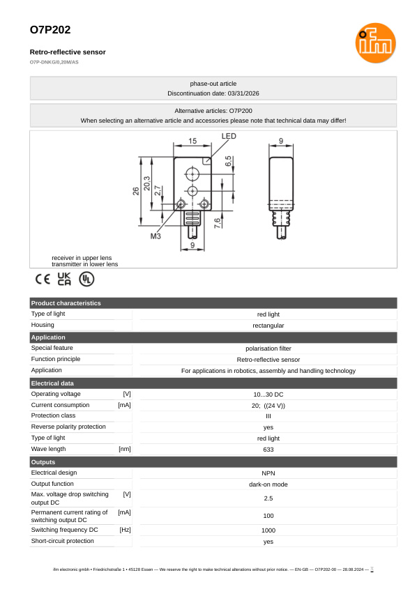 O7P202 \ efector 200 \ Photoelectric sensors \ O7P-DNKG/0,20M/AS \ SG \ datasheet