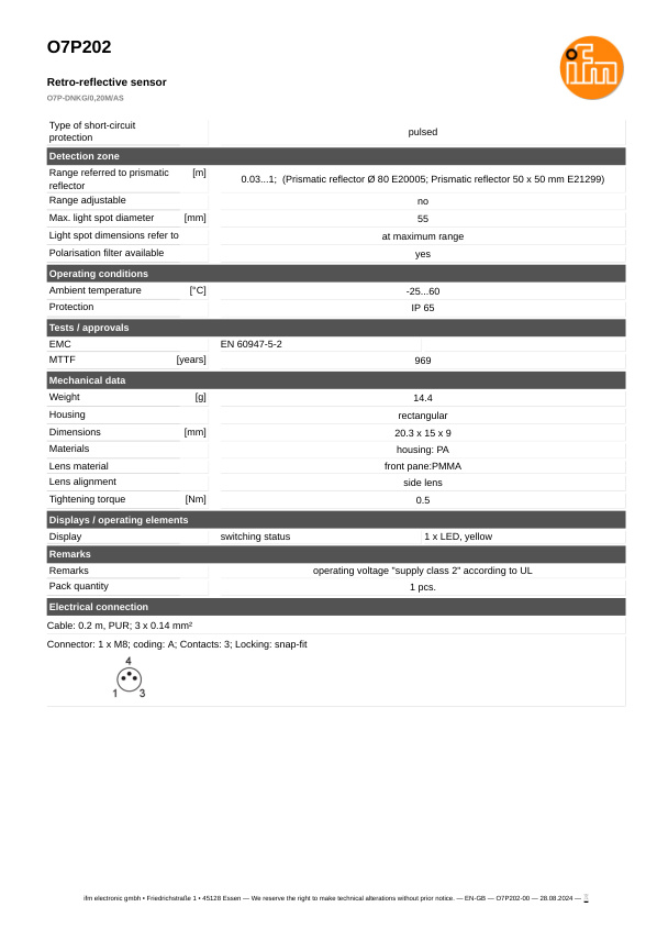 O7P202 \ efector 200 \ Photoelectric sensors \ O7P-DNKG/0,20M/AS \ SG \ datasheet