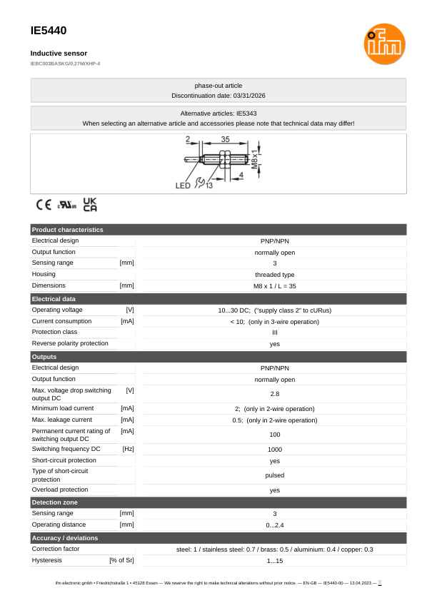 IE5440 \ Inductive sensor \ Range 3 mm \ PNP/NPN NO \ M8 \ Cable PVC 0.23 m+Connector JST datasheet