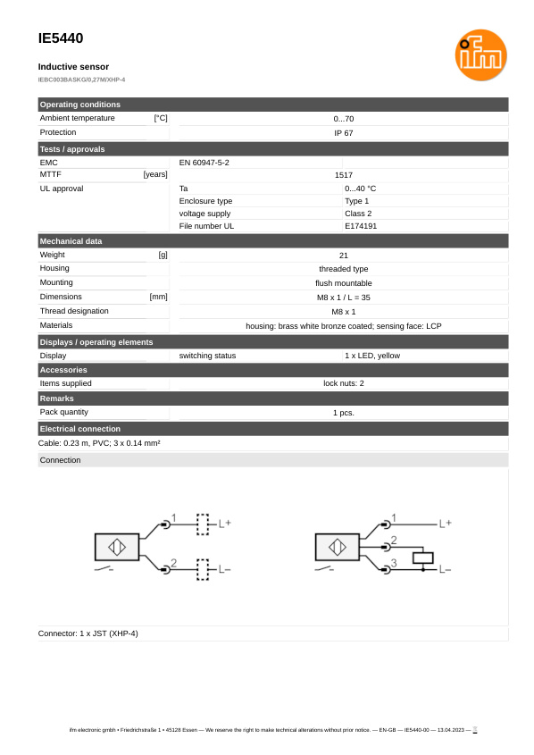 IE5440 \ Inductive sensor \ Range 3 mm \ PNP/NPN NO \ M8 \ Cable PVC 0.23 m+Connector JST datasheet