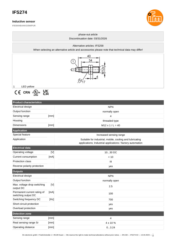 IFS274 \ Inductive sensor \ Range 4 mm \ NPN NO \ M12 \ Cable PUR 5m datasheet