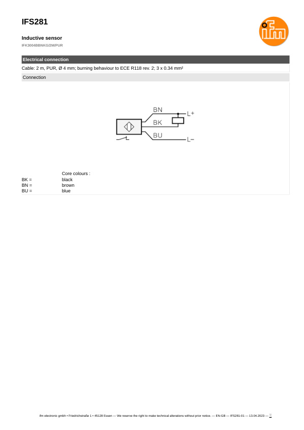 IFS281 \ Inductive sensor \ Range 4 mm \ NPN NC \ M12 \ Connector M12 datasheet