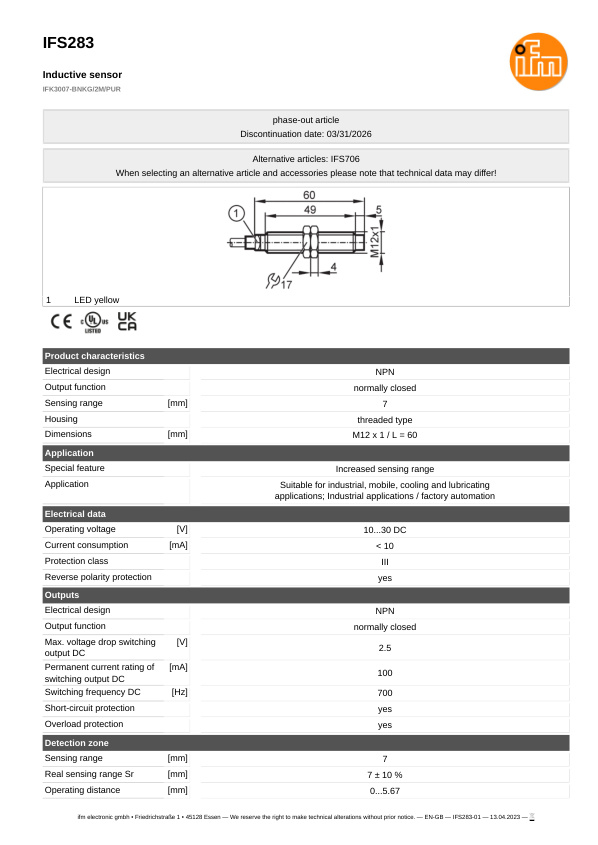 IFS283 \ Inductive sensor \ Range 7 mm \ NPN NC \ M12 \ Cable PUR 8m datasheet
